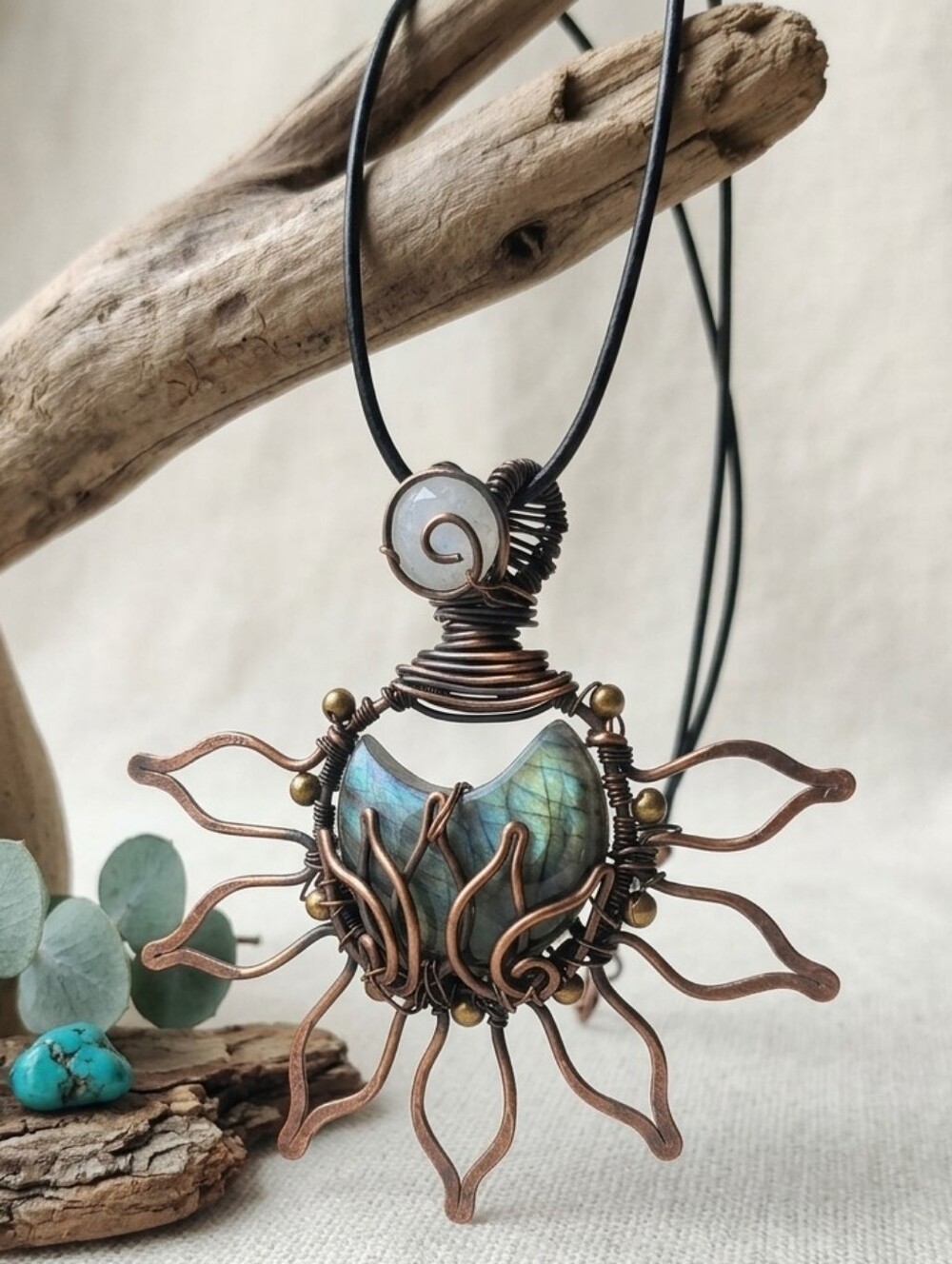 Labradorite Moonstone Copper Wire Wrapped Sun Pendant Necklace Whimsigoth 2.75"